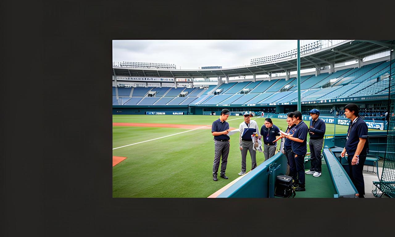 福島県郡山市の野球場で国際大会の運営スタッフが試合前の現場確認を行う様子