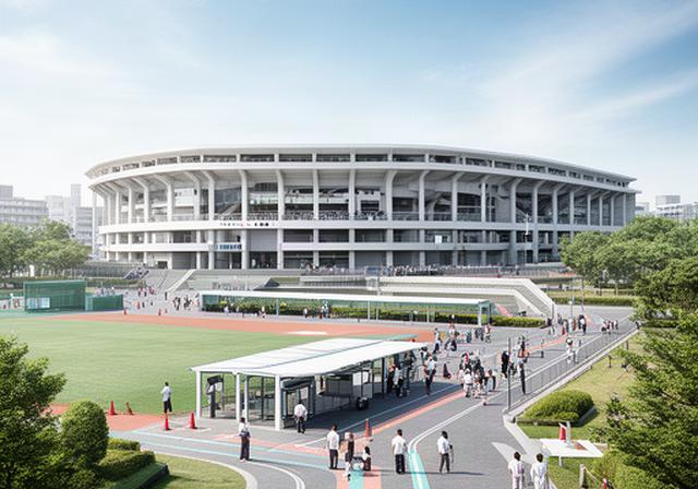 岡崎中央総合公園野球場の外観と国際試合を想定した観客動線
