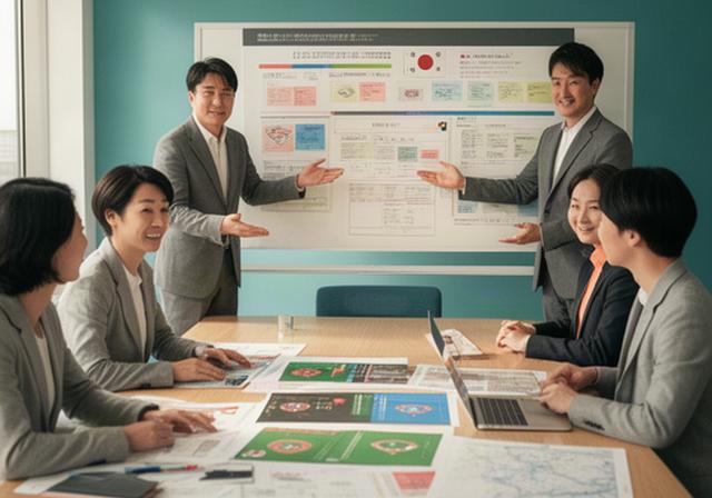 郡山市の拠点で日本と韓国の野球イベント計画を確認する運営チーム