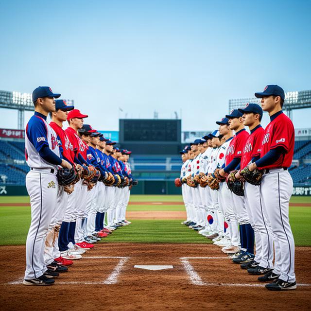 日本と韓国の野球選手が国際交流試合前に球場で整列する様子