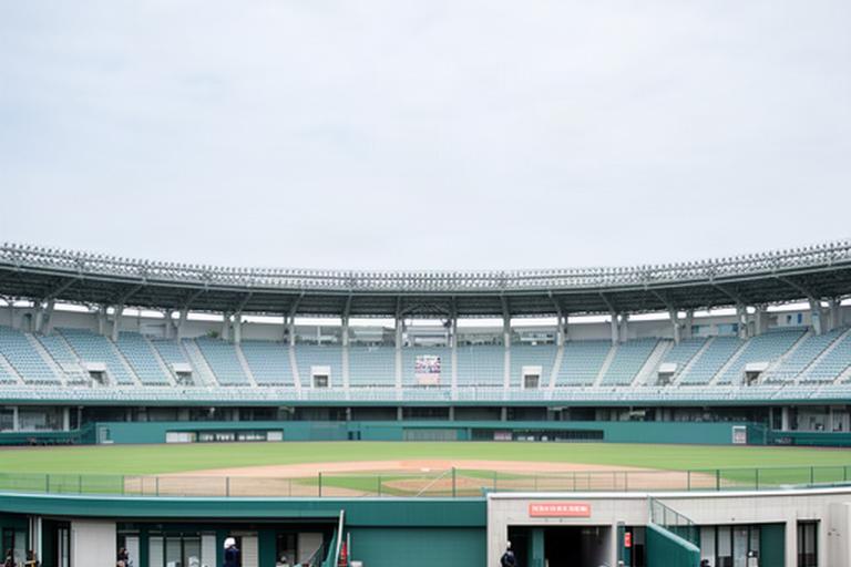 岡崎中央総合公園野球場の外観と広い観客スタンド、試合運営を想定した会場風景