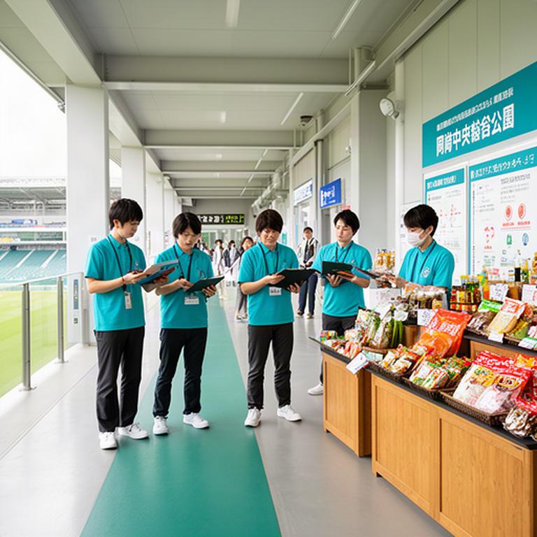 岡崎中央総合公園野球場のコンコースで案内表示と地域物産ブースを確認する運営スタッフ