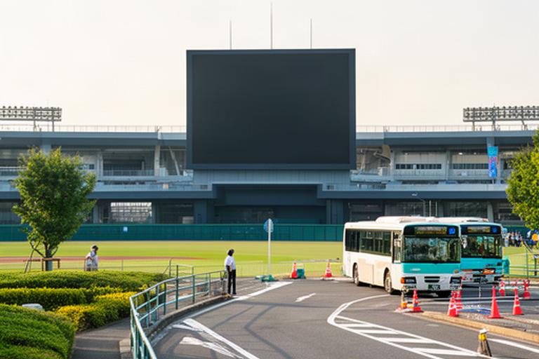 豊橋市民球場のバックスクリーンと周辺道路、シャトルバス運行を想定した会場風景